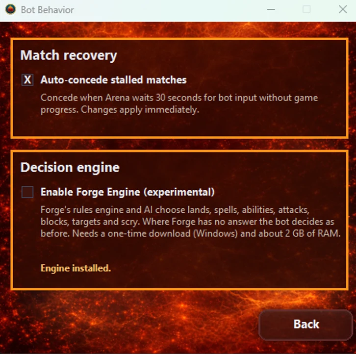 Bot Behavior window with the Enable Forge Engine (experimental) checkbox under Decision engine