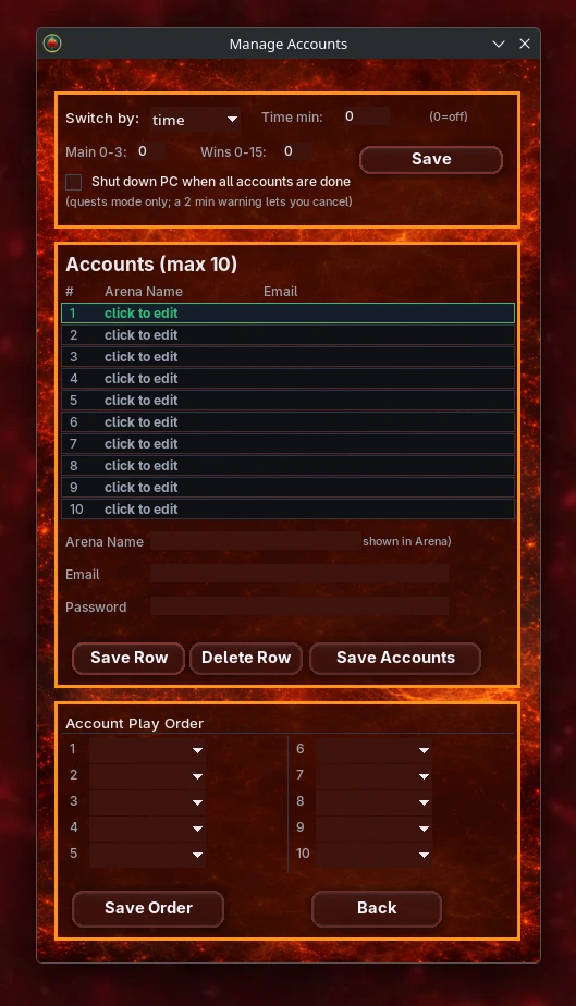 Manage Accounts window showing timer, account list, and order configuration
